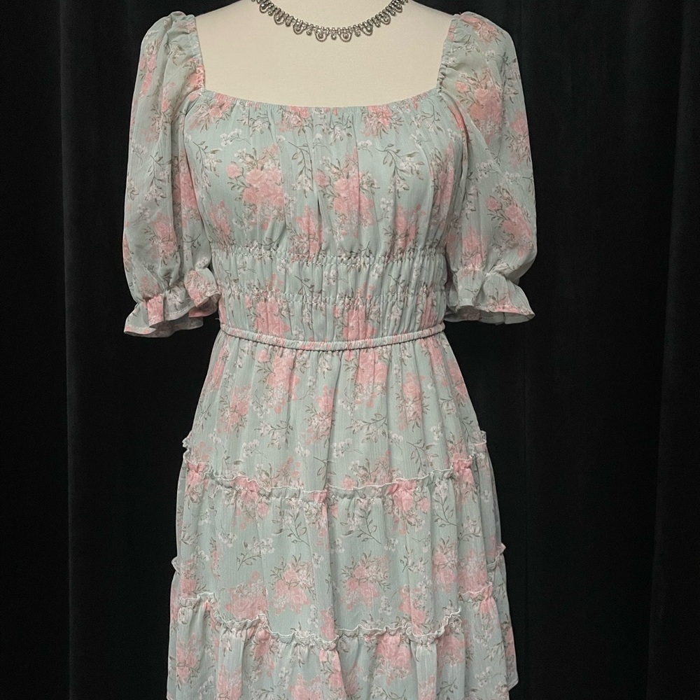 Floral Puff Sleeve Dress + Rhinestone Headband